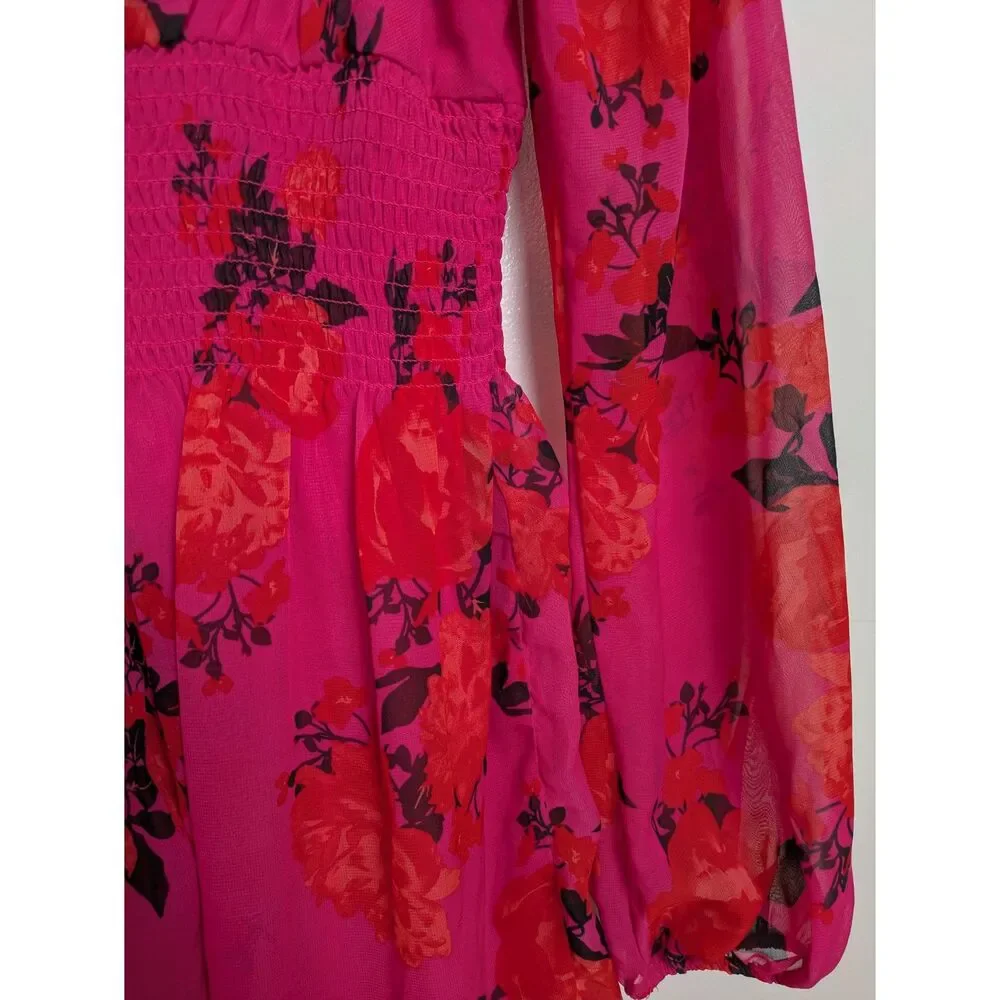 Betsey Johnson Smocked Hot Pink Floral Babydoll Mini Dress w/ Long Sleeves Sz 6 - Picture 7 of 8